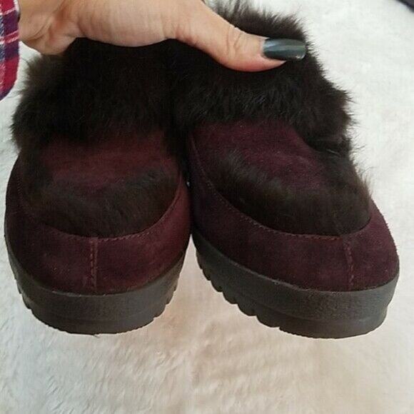 Coach Kaela Size 8 Burgundy Suede Rabbit Fur Wedge Mules - Picture 5 of 8